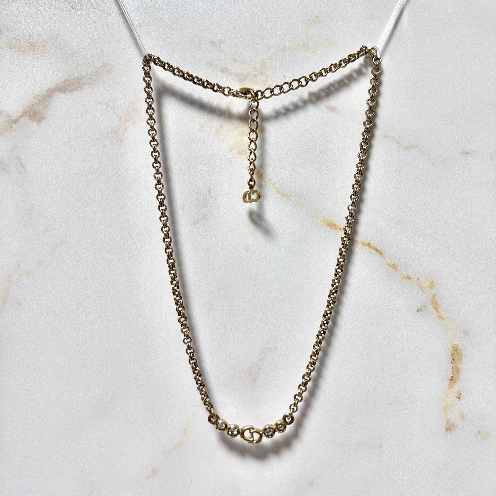 Dior Logo Rhinestone Necklace Gold Plated Authentic Luxury