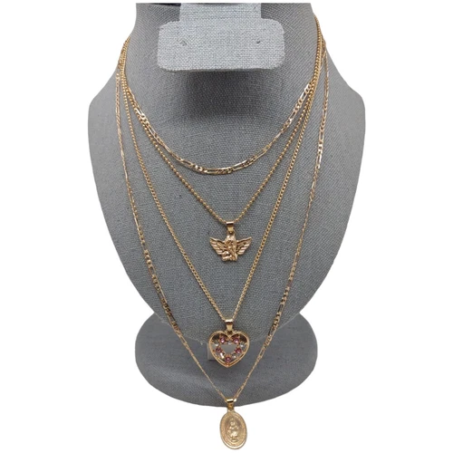 Gold Plated Chain Miraculous Medal Necklace Layered Cherub Mary Heart Rhinestone