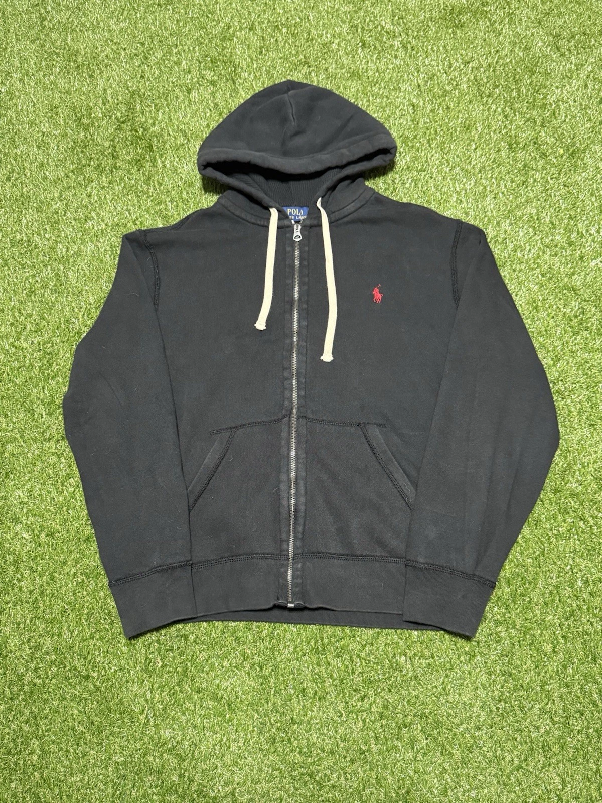 Polo Ralph Lauren Black Thermal Hoodie Red Pony Full Zip Medium Fit Y2k Classic