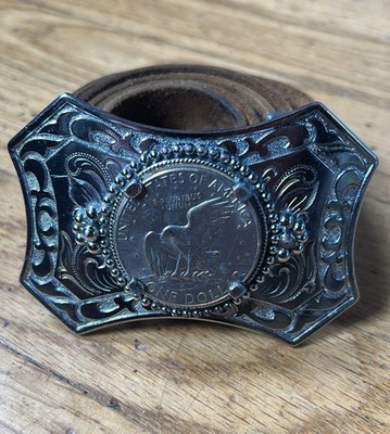 Antique Western Cowboy Silver Coin Belt Tooled Leather Rare 