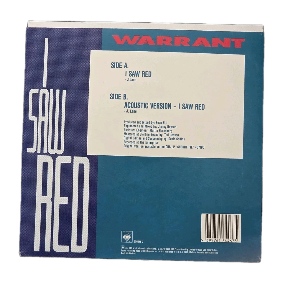 WARRANT "I Saw Red / (Acoustic)" RARE MINT 1990 AUSSIE PICTURE SLEEVE 7" SINGLE - Image 2 of 3