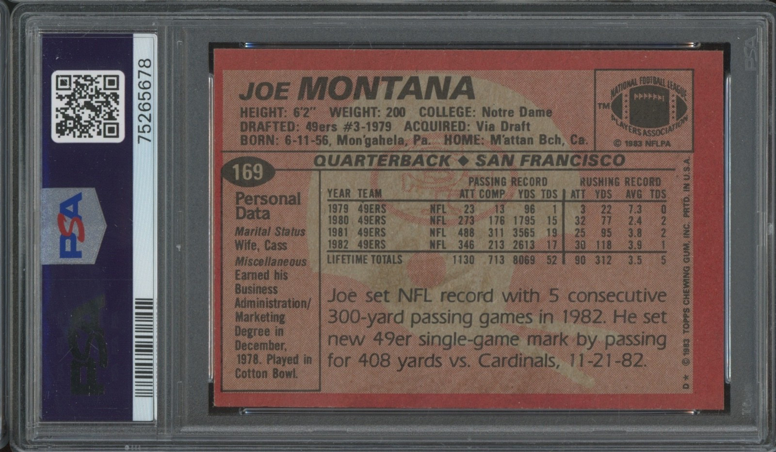 1983 Topps Football #169 Joe Montana NM PSA 7 view 2