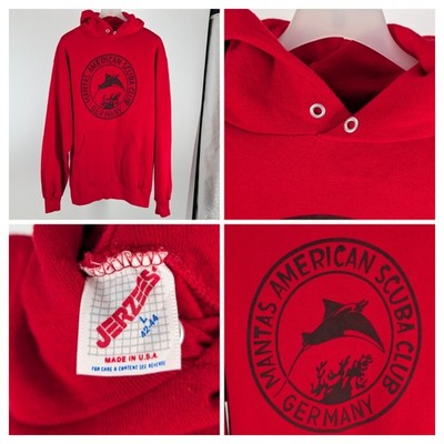 Vintage 1980s Jerzees Scuba Club Germany Hoodie Red USA L Manta Ray Sweatshirt