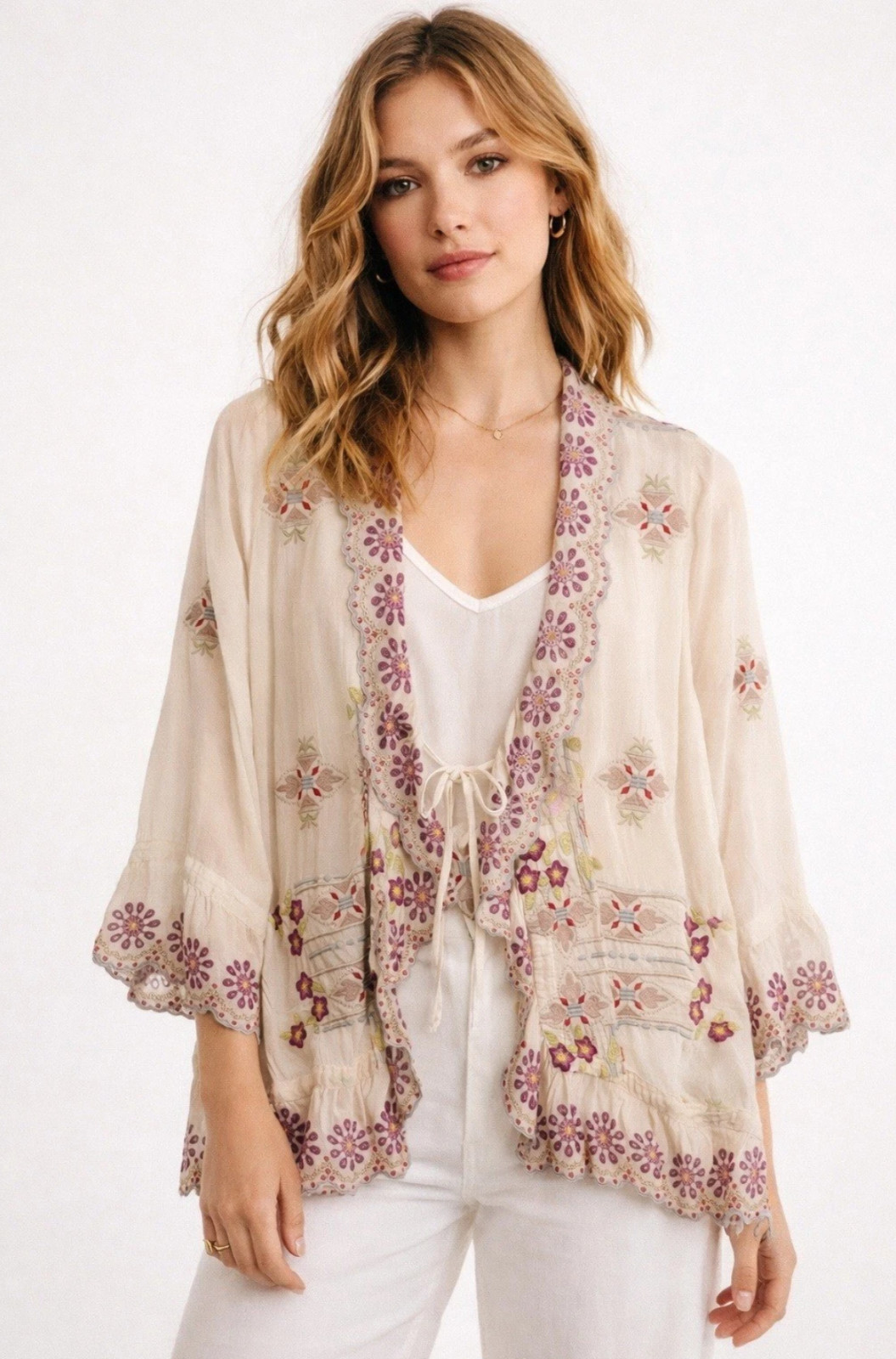 Johnny Was Embroidered Tie-front Kimono Jacket NWT Cream Floral Cupra Rayon XXL