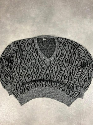 Strick Pullover V-Ausschnitt Vintage Muster grau schwarz L
