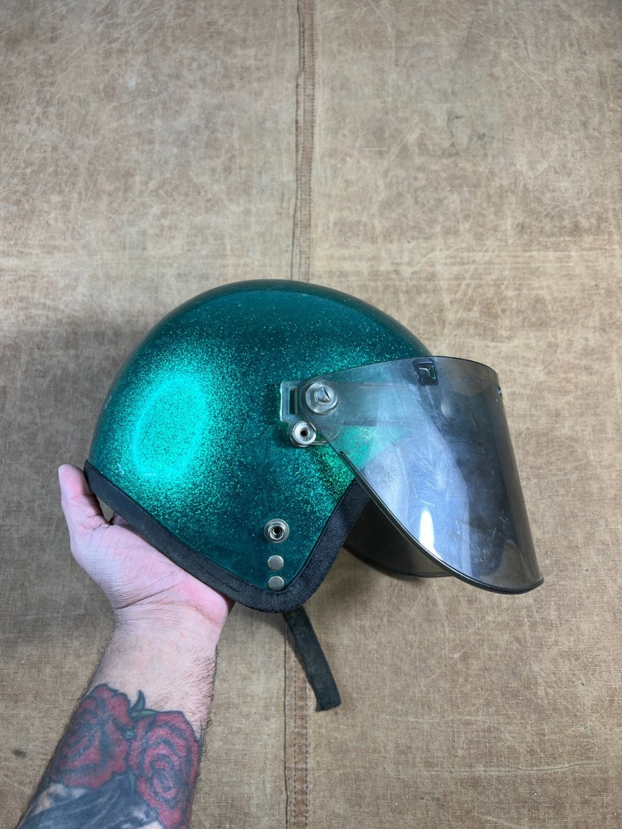 Vintage Green Metal Flake Open Face Motorcycle Biker Helmet 70s | eBay