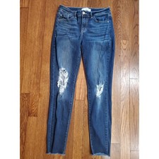 KanCan Womens Mid Rise Distressed Skinny Jeans Dark Wash Fray Hem Size 7/27