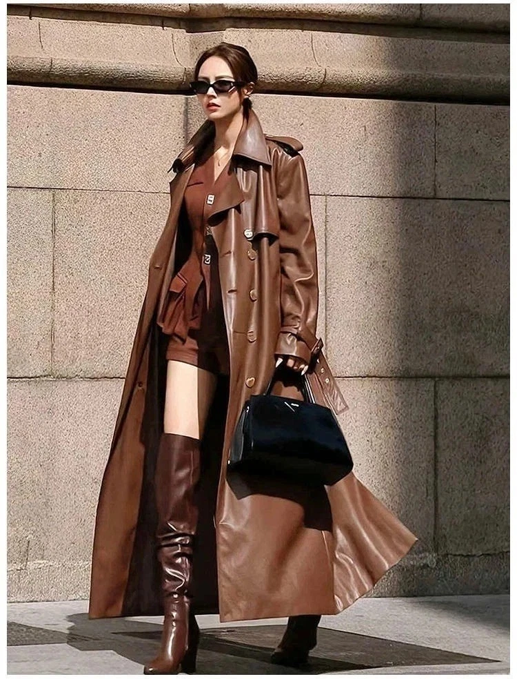Leather Women Trench Long Coats Jacket Lambskin Double Faced Breasted Brown 1 - product detail image 1