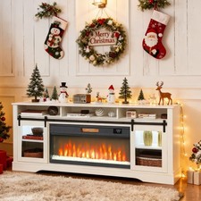 White Electric Fireplace TV Stand Console Farmhouse Sliding Barn Doors Storage