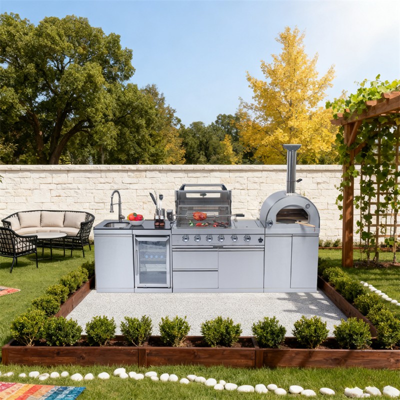 112'' 4-Burner Gas Outdoor Kitchen Island Barbecue Grill w/ 35000 BTU Pizza Oven