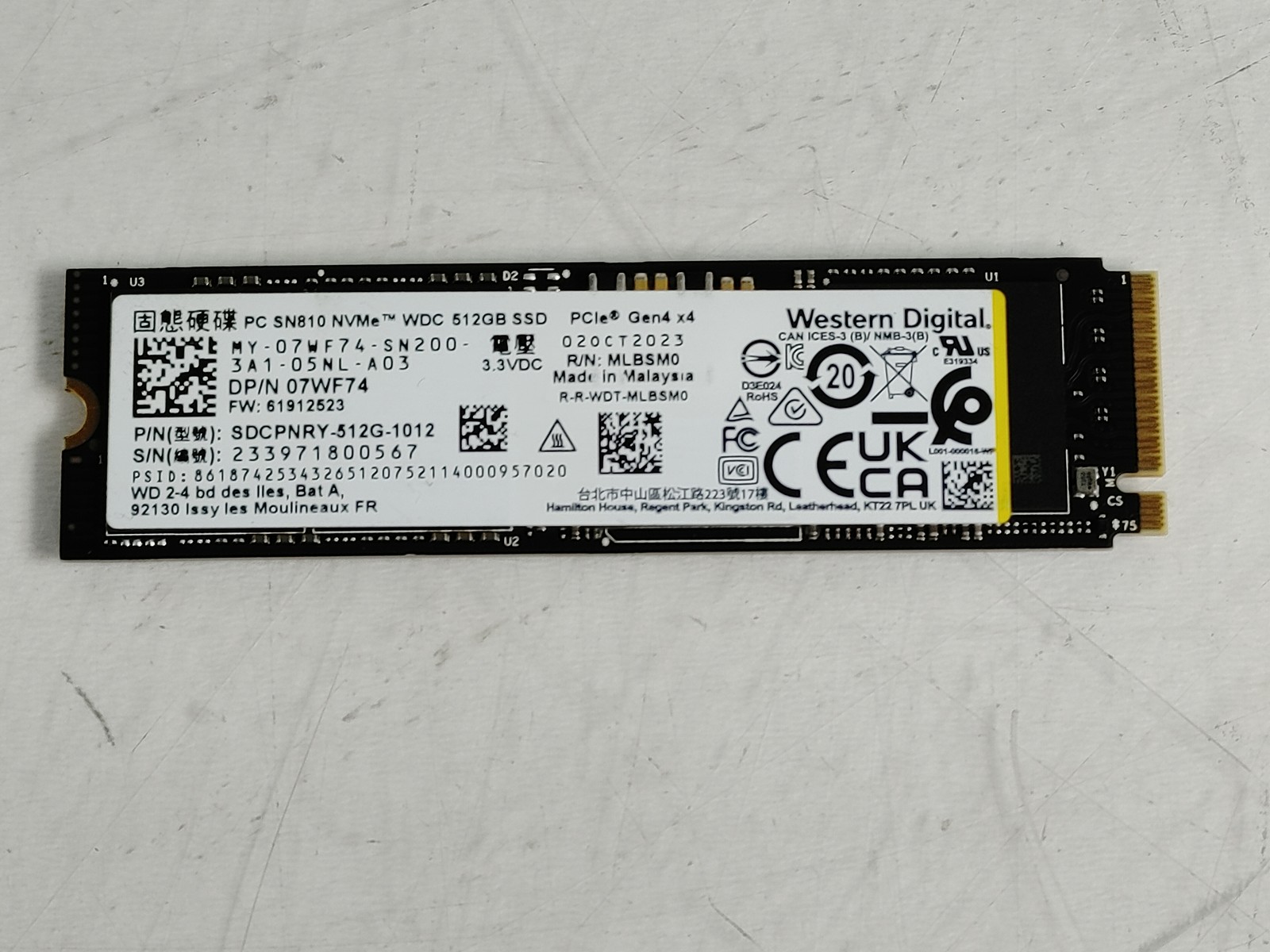 Western Digital SN810 SDCPNRY-512G 512 GB PCI Express 80mm Solid State Drive