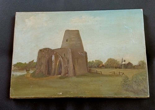 ANTIQUE NORFOLK BROADS OIL PAINTING ON CANVAS, UNFRAMED, UNSIGNED, 20+ x 30+ CMS - Picture 1 of 5