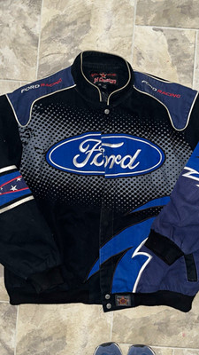 JH Design Ford Racing Bomber Jacket Men s 2XL Black/Blue Embroidered Logo