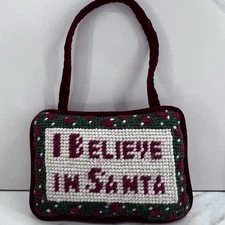 Christmas I Believe In Santa Wool Needlepoint Velvet Door Hanging Ornament 7x5”