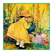 Young Girl Watering Flowers Jessie Willcox Smith  Counted Cross Stitch Pattern