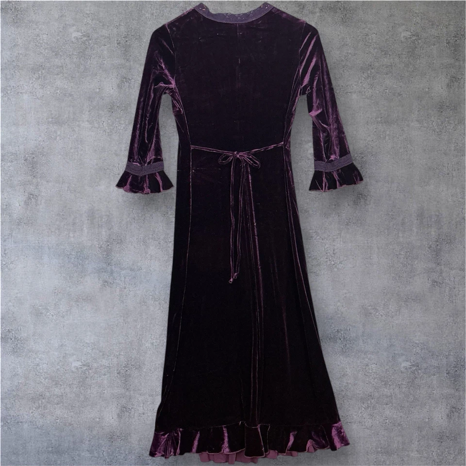 Y2K Velvet Maxi Dress Juniors 16 Deep Plum Purple Goth Witchy Lace Ruffle Ruched - Image 2 of 4