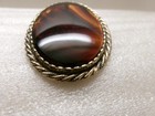 Vintage LISA Signed Pendant Brooch Tigers Eye Glass Stone Big Oval Gold Tone — photo 7