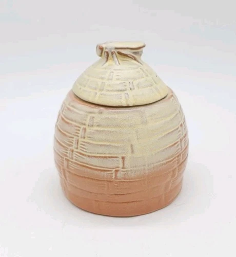 Vintage Frankoma #803 Beehive Honey Pot with Lid Bee Finial Brown Cream Glaze