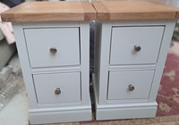 Pair Grey Bedside Tables with Oak-Effect Tops, 2 Drawers, Metal Knob Handles