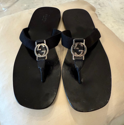 Gucci Leather Sandal - Interlocking GG Monogram Logo Black Thong Canvas Strap