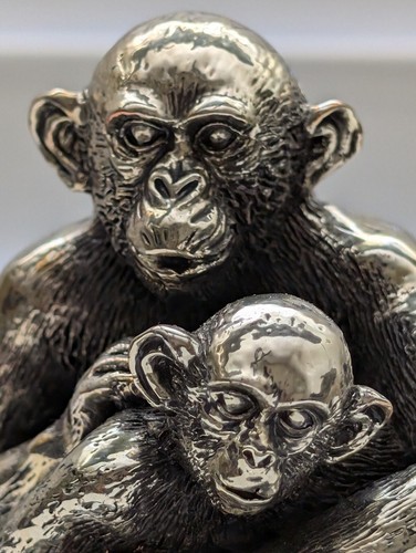 Fine 99.9% Pure Silver Chimpanzee Monkey w Infant Hollow Electroform Statue - Picture 2 of 8