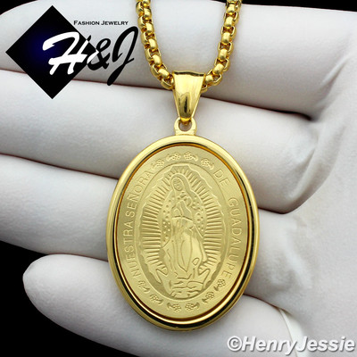18-36''MEN Stainless Steel 3mm Gold Plated Box Link Chain VIRGIN MARY Pendant*G26