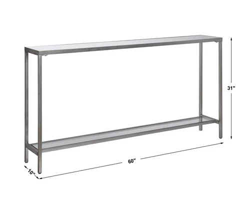 AGED SILVER IRON 60" SOFA CONSOLE TABLE GLASS SHELF MIRROR TOP HAYLEY 24913 - Picture 5 of 5