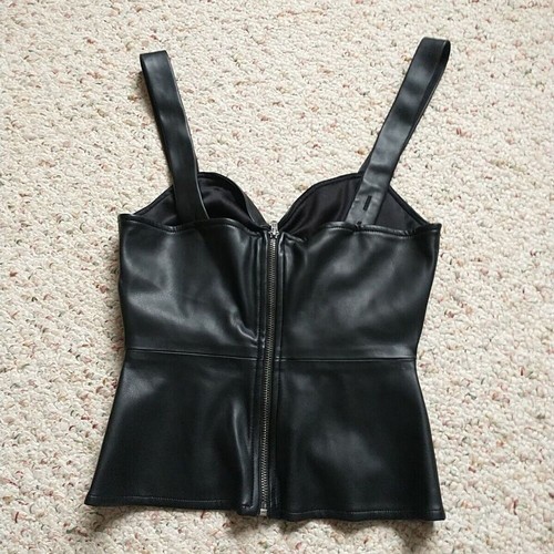 Shabby Chic Faux Leather Weather Tank Top XS Black Wide Strap Ruched Goth New - Picture 2 of 8