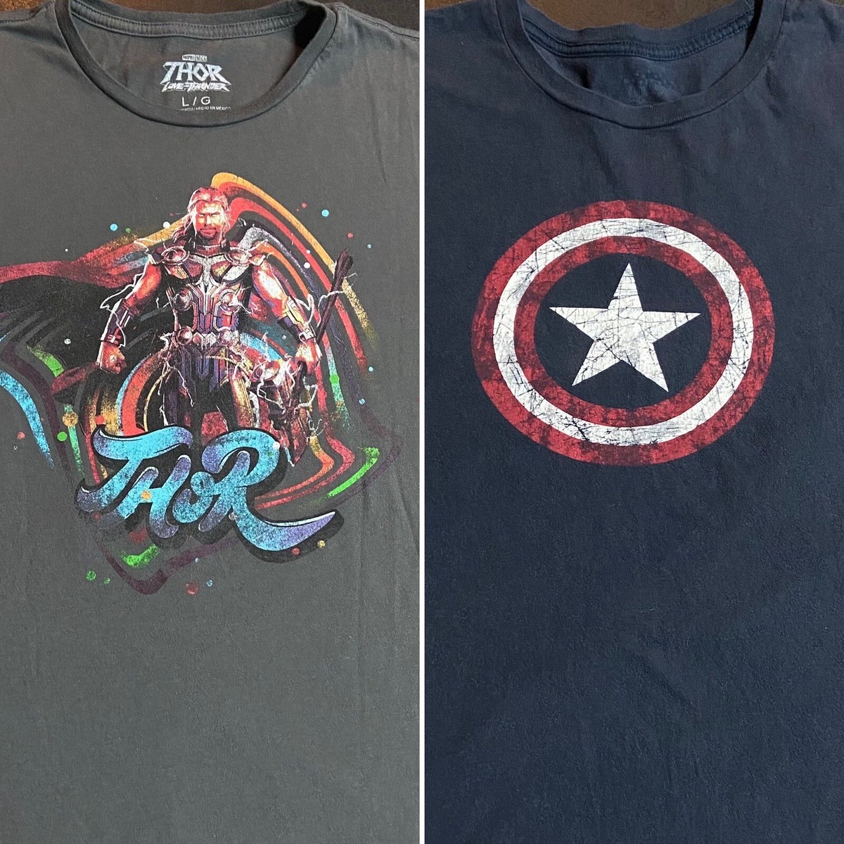 Lot of (2) Adult Large Marvel Superhero T-Shirts Thor Captain