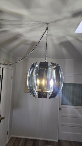 ✨MCM Mid-Century Modern Smoked Lucite Panel Chrome 6 Candelabra Swag Light Chain - Picture 2 of 8