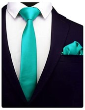 2.4" Slim Necktie and Handkerchief Set For Men Solid Skinny Tie Brooch Set Aqua