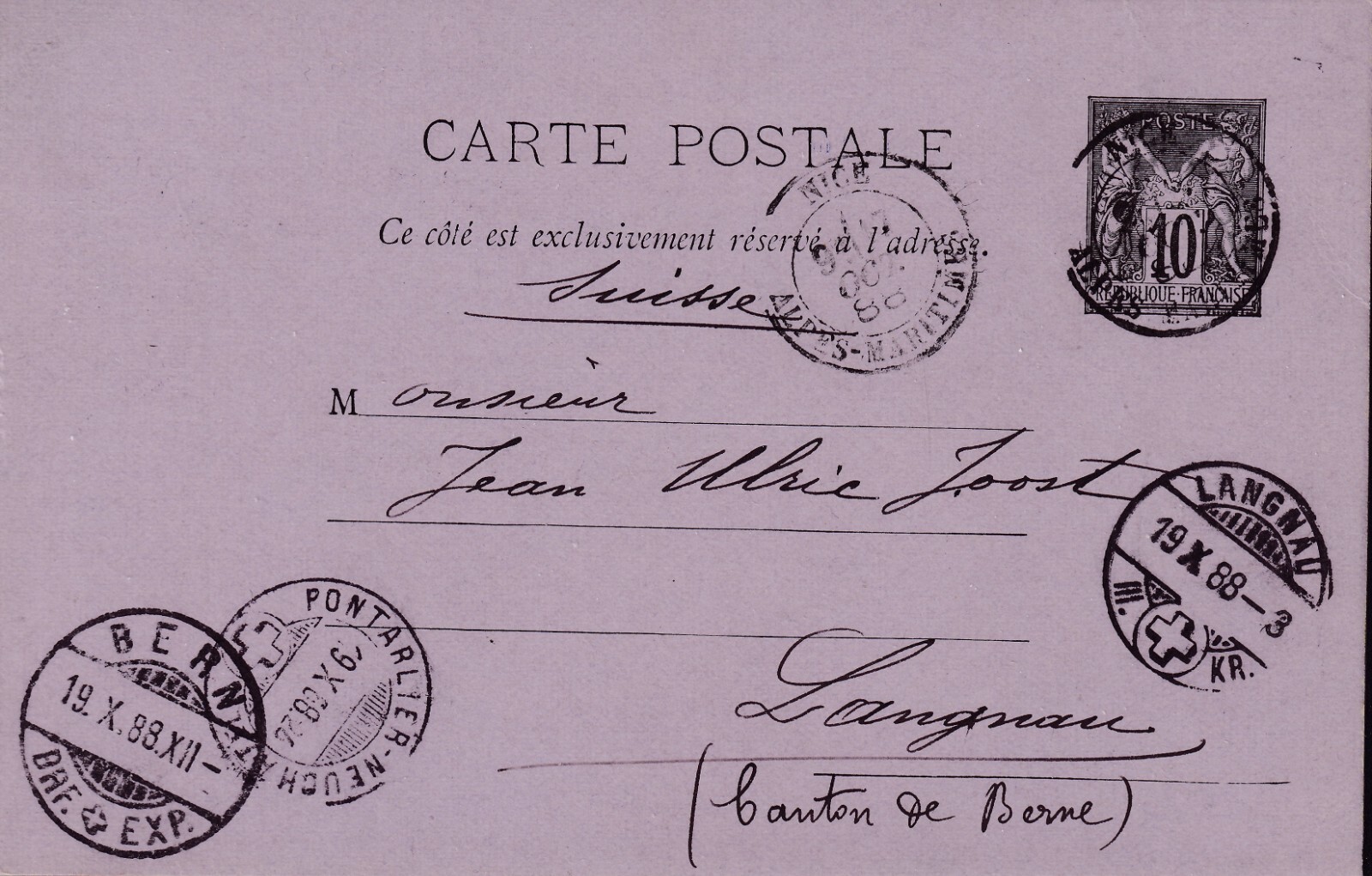 FRANCE 1888 10 C Allegory Kab. GA Postcard with K2 “NICE / ALPES-MARITIME”