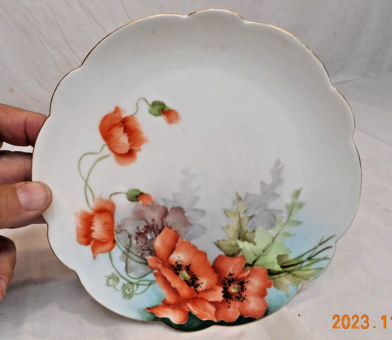 Austrian Hand Painted Plate Vibrant Burnt Orange Poppies Crown Vienna Austria