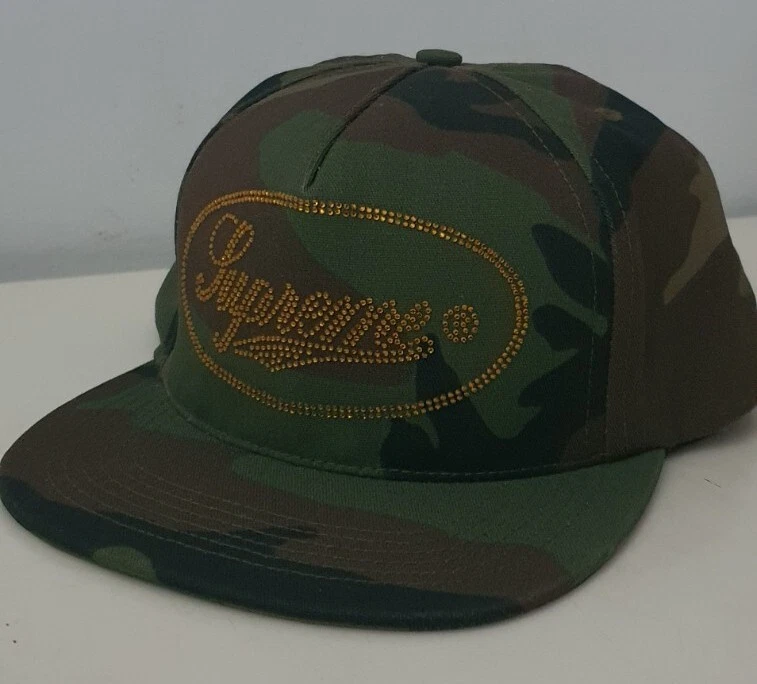 FW17 Supreme Studded Script Logo 5 panel hat Woodland Camo cap camouflage