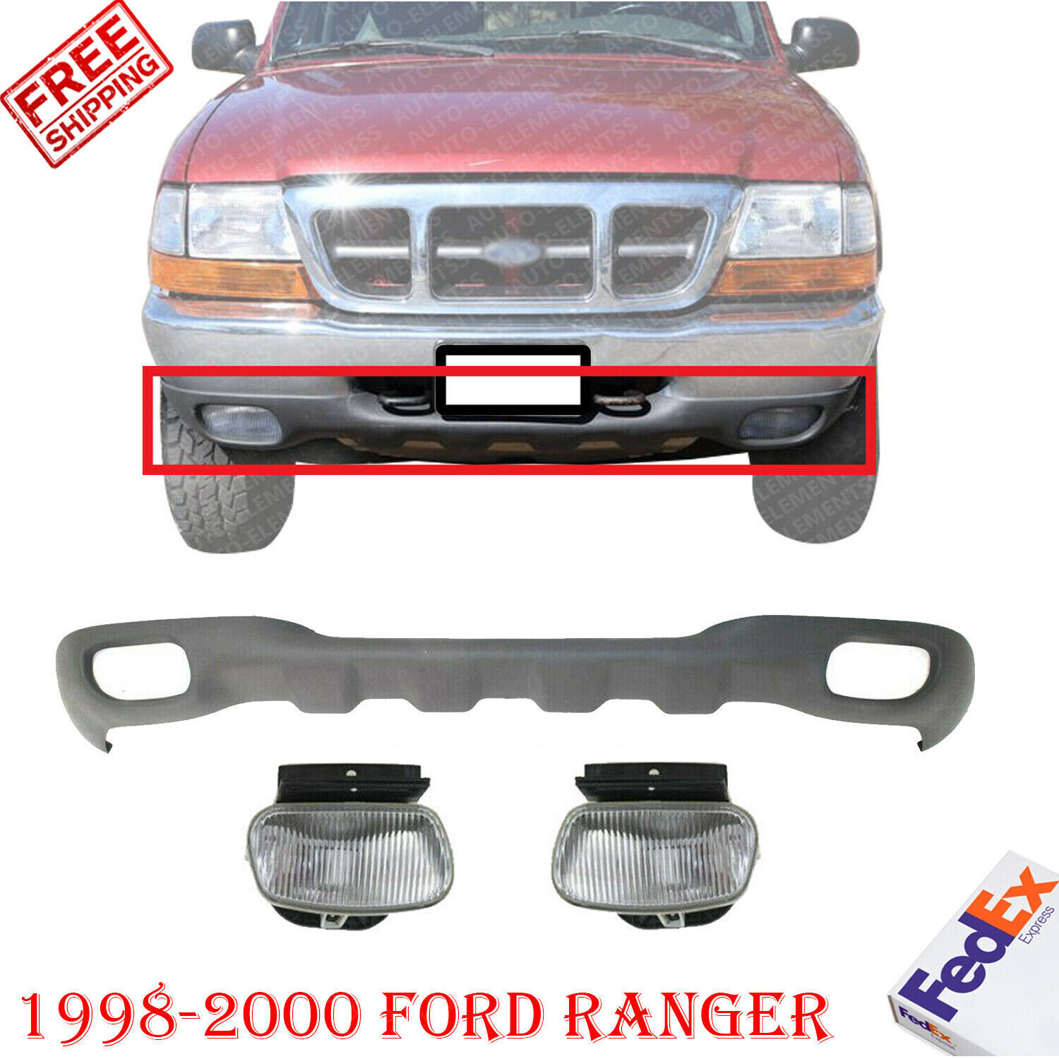 New Front Bumper Lower Valance Textured + Fog Lights For 1998-2000 Ford  Ranger