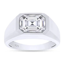 2.25ct Emerald Cut Lab Created Moissanite Mens Signet Wedding Band Ring Silver