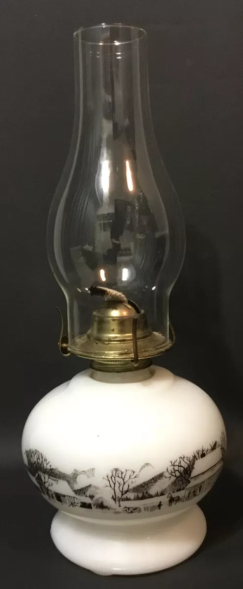 Antq Victorian Kerosene Milk Glass Oil Lamp Currier Ives Winter Farm 14.5 tall