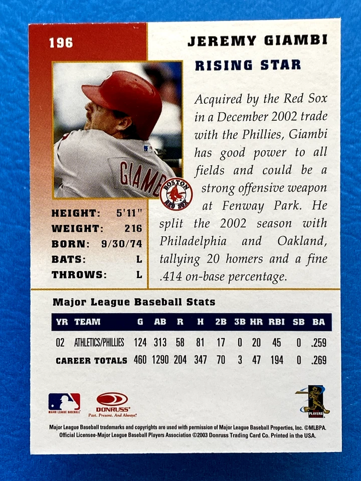2003 Donruss Champions Jeremy Giambi #196 - Image 2 of 2