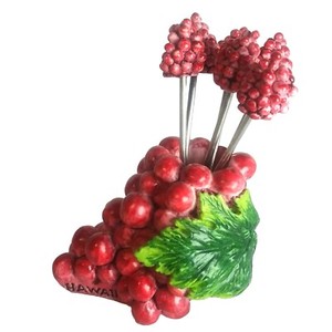 Vtg Hawaii Souvenir Travel Memorabilia 6 Red Grape Fruit Picks & Grape Holder