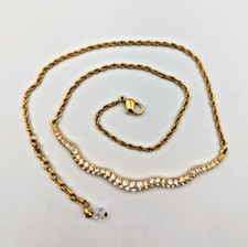 Vintage Swarovski Gold Tone Pave Clear Crystal Wave Bar Necklace 18" Swan Logo