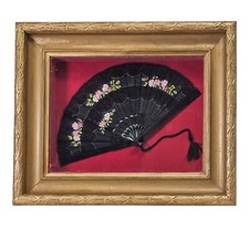 VTG Italian Hand Painted Fan Black Lace Velvet Gold Gesso Frame Flowers 22"