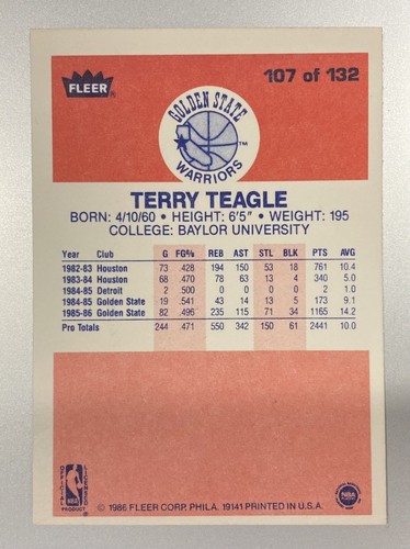 Terry Teagle 1986 Fleer Rookie #107 RC ICONIC SET NM - Picture 2 of 2