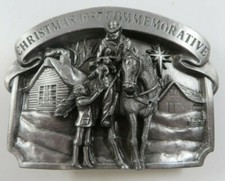 Vintage 1987 CHRISTMAS Belt Buckle Pewter Commemorative Cowboy Rescuing Dog Snow