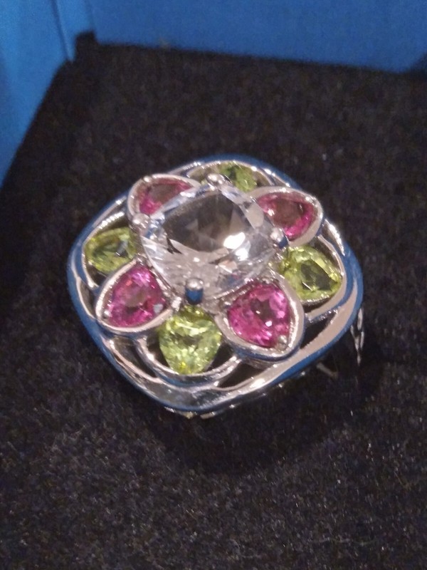 Genuine Clear White Topaz Natural Green Peridot & Pink Topaz Ring SIZE 7