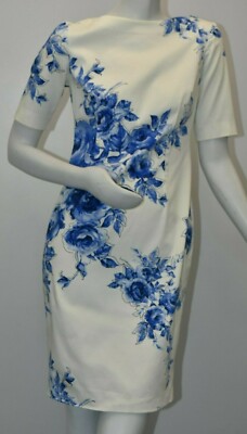 Robe Fourreau Lela Rose Neuve - Imprimé Fleurs Bleu Et Blanc, Col Bateau, Taille 4