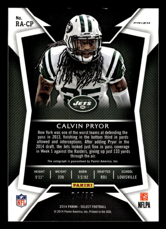 2014  Panini Select #RA-CP Calvin Pryor 14/35 Rookie Autographs Prizm Orange - Image 2 of 2