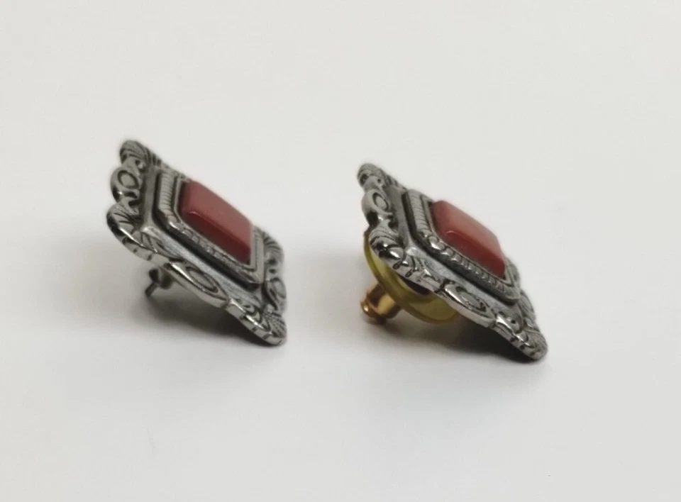 Vintage Robert Rose Silver Carnelian Pierced Earrings Native Southwestern Square - Image 3 of 4