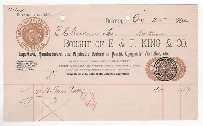 1894 EF KING CO BILLHEAD PAINTS CHEMICALS VARNISHES INDIA & MILK ST BOSTON MA