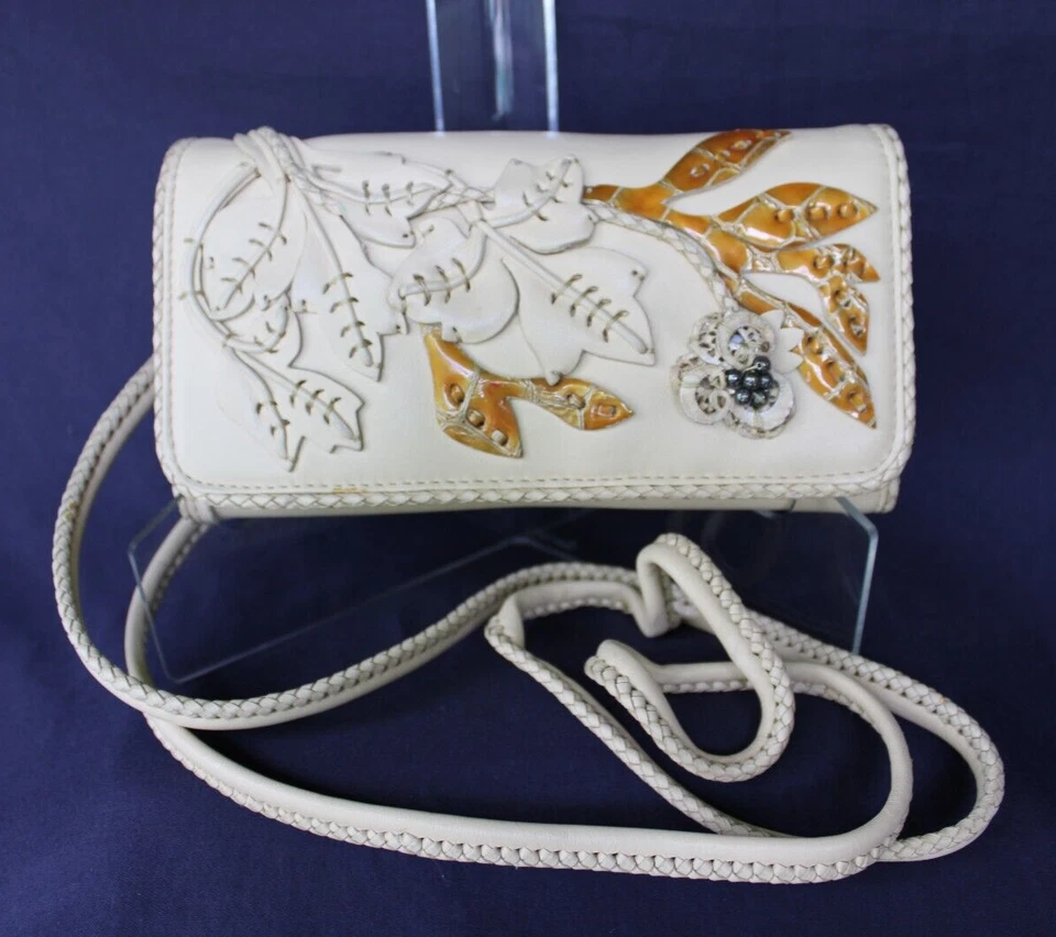 Brighton leather applique beaded leaf crossbody pause wallet cream braided $279 - Image 2 of 4