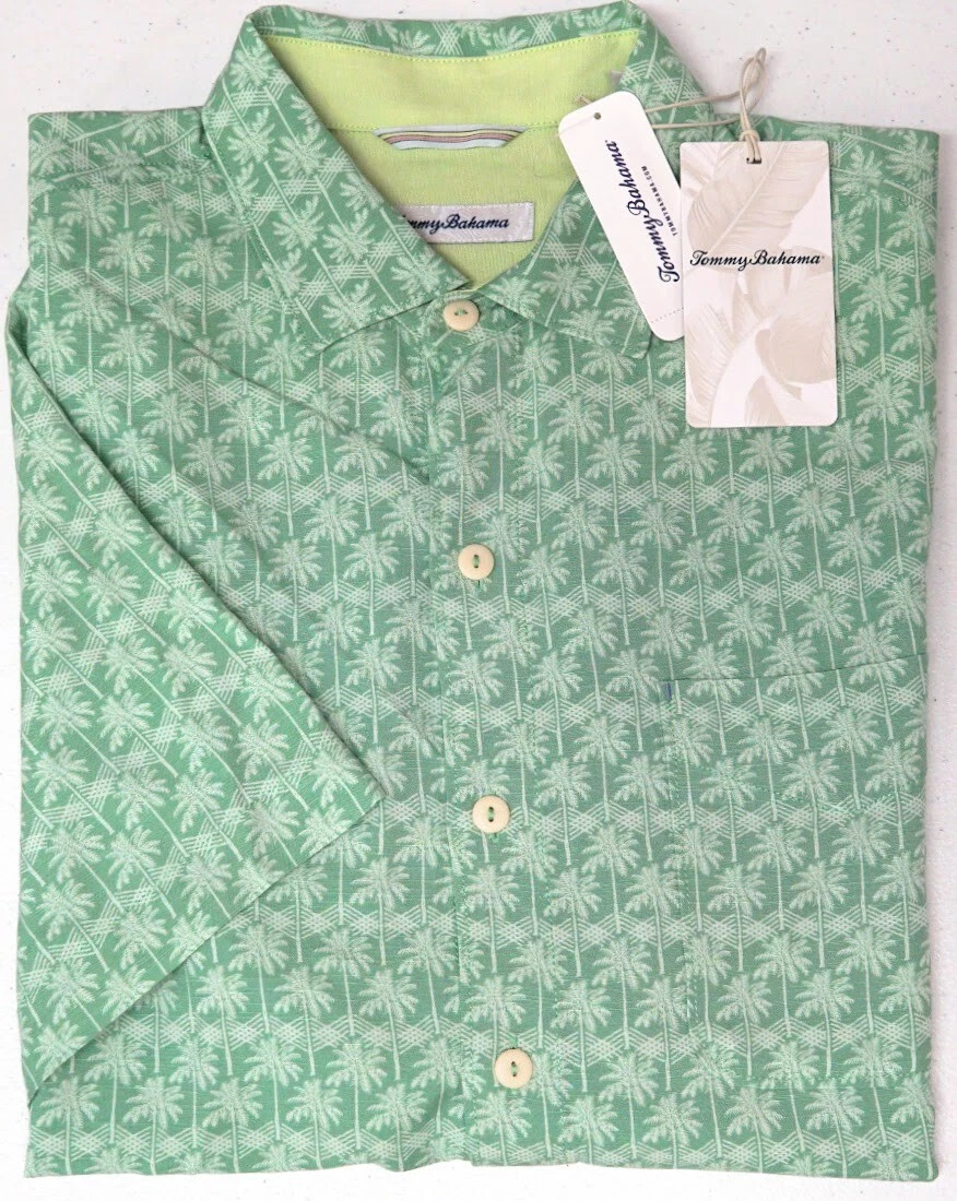 Tommy Bahama Short Sleeve Mens Shirt Floral Palms Away Geo Grass Green